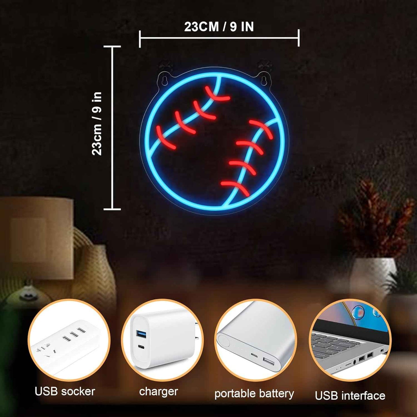 Baseball Neon Sign - Unique Housewarming & Holiday Gift for Baseball Fans, Dimmable LED Wall Sign for Man Cave Dorm Room, USB Powered Sport Decor