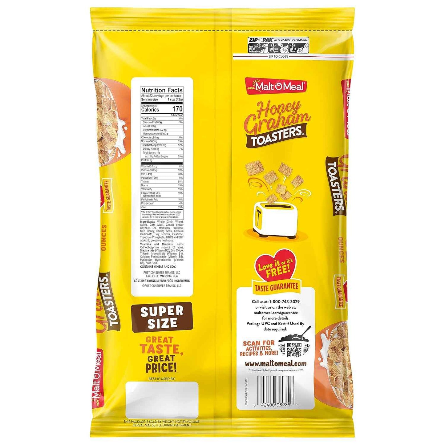 Malt-O-Meal Honey Graham Toasters Cereal – Quick Breakfast Squares for the Home Office and Rushed Mornings, 32 oz Resealable Bag
