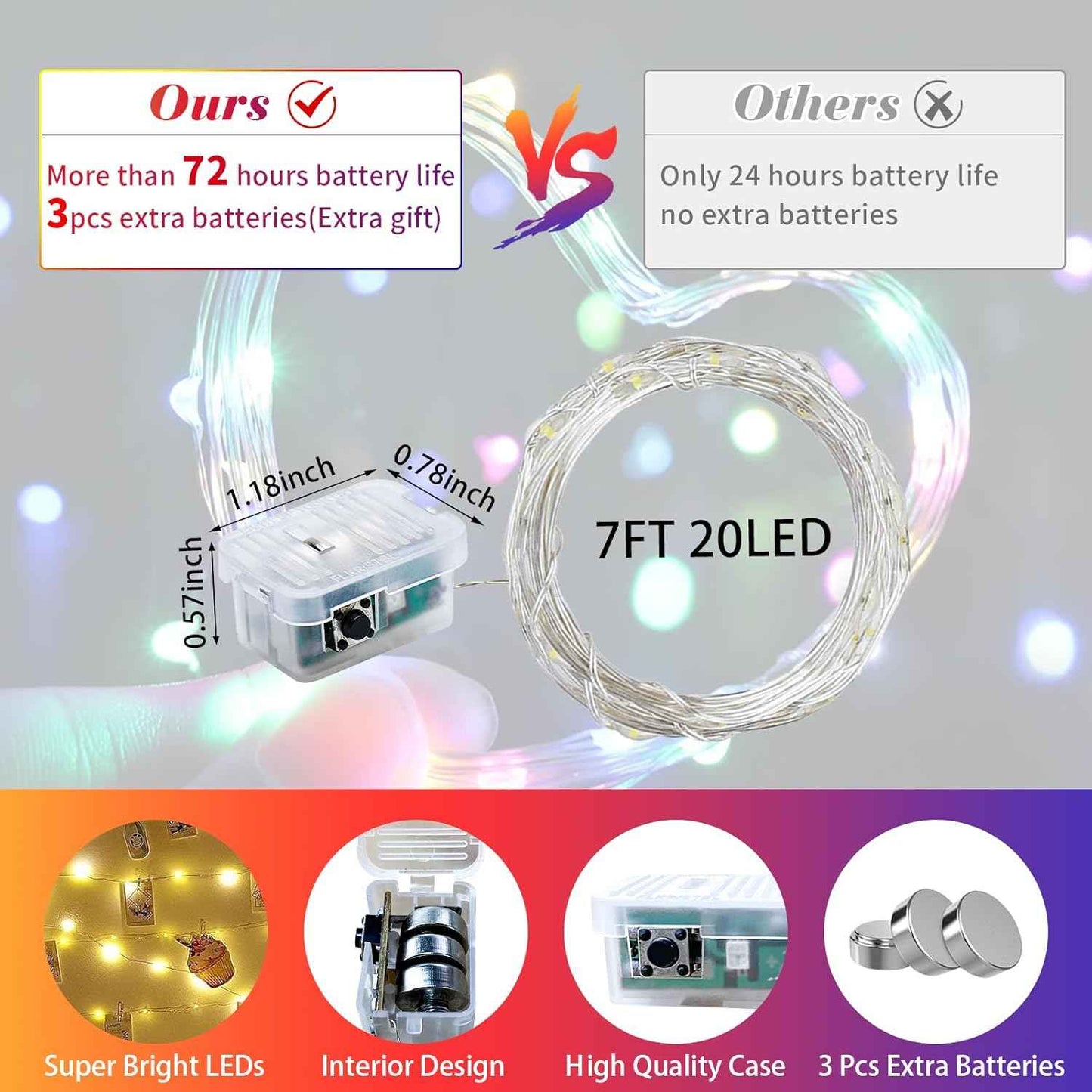 Aurora Glow Fairy Lights 7ft Battery Operated Cool to Touch Kids Room Night Light for Nursery and Playroom