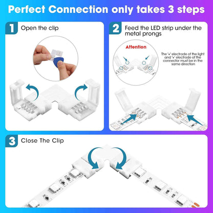 MISSOURI 10-Pack L-Shape LED Connectors – Clean Solderless 4-Pin Adapters for Uncluttered RGB Strip Layouts, 10mm SMD Compatible