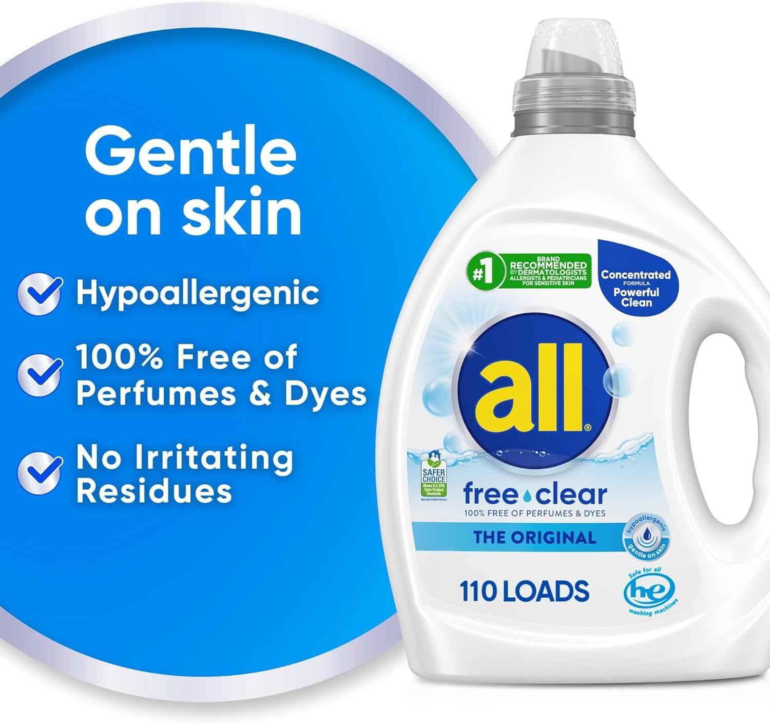 all free clear Concentrated Laundry Detergent for Sensitive Skin – Hypoallergenic Unscented Wash for Calm Bedtime Rituals and Restful Sleep