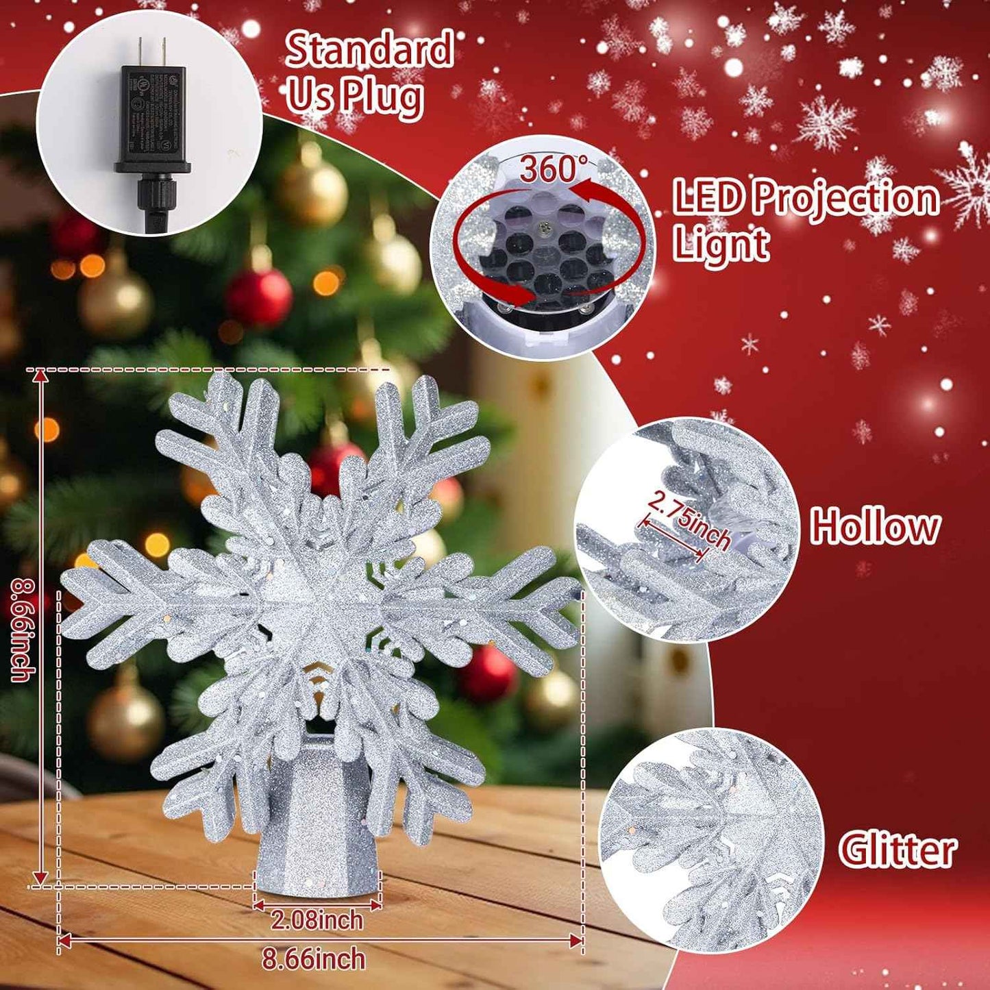 FrostyGlow LED Snowflake Tree Topper – Thoughtful Christmas Gift for Her, 3D Glitter Centerpiece with Projected Light Show