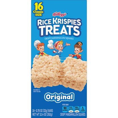 Kellogg's Rice Krispies Treats Crispy Marshmallow Squares – Care Package Snack Bar Filler for College Students, 12.4oz Box of 16
