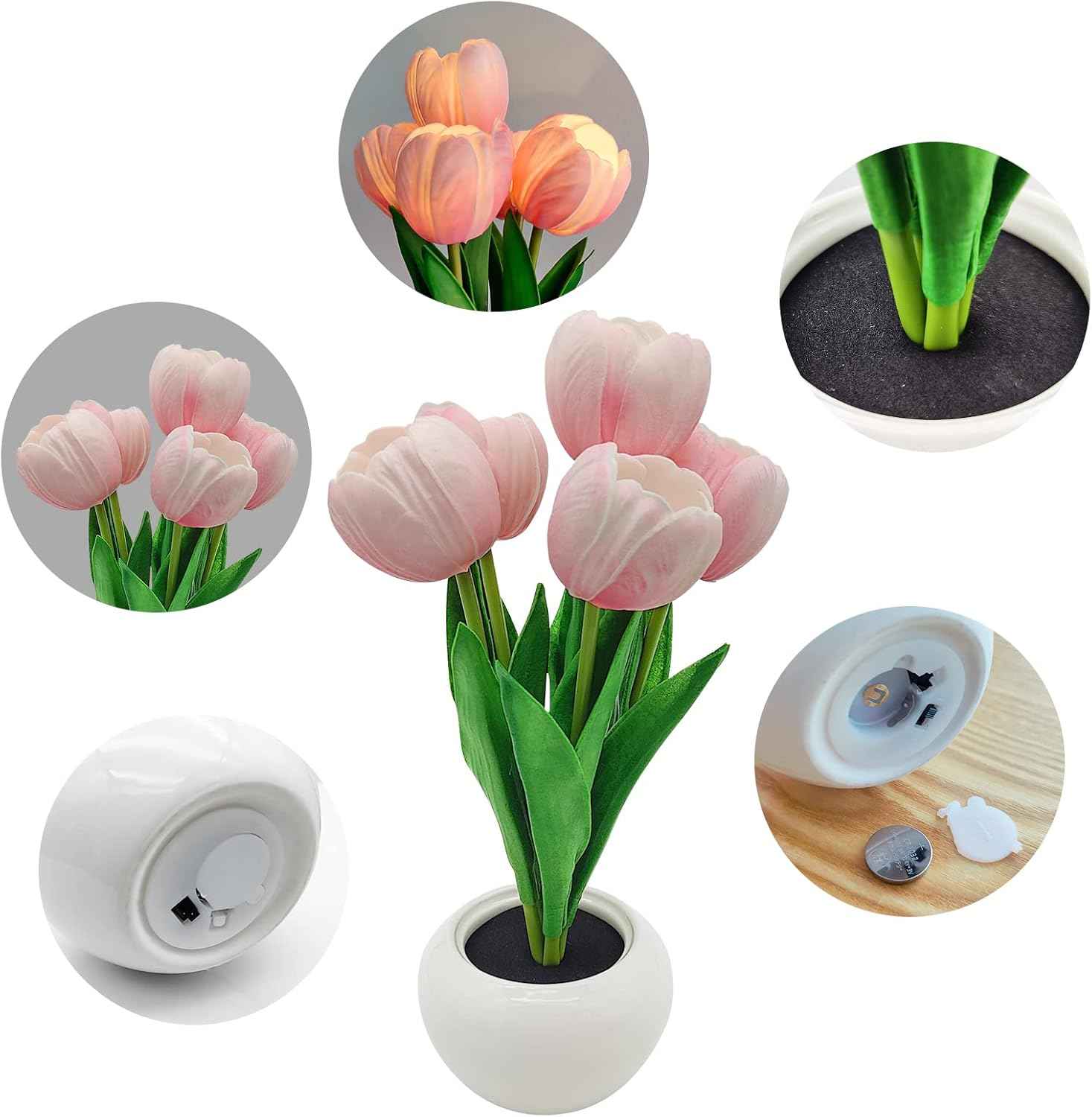 Faux Tulip Vase Lamp – Soft Warm Accent Light for Vanity Table, Bookshelf, and Cozy Reading Nook
