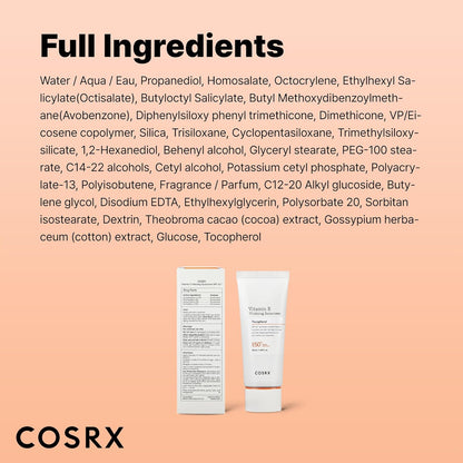 COSRX Vitamin E Vitalizing Sunscreen – Beach and Pool Day SPF 50, Water-Resistant Korean Face Sunscreen