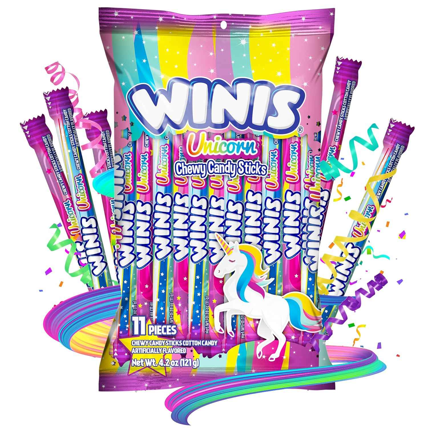 Winis Unicorn Cotton Candy Chewy Taffy Swirls – Non-Melting Candy for Picnics, Pool Parties, and Summer Road Trips | 4.3 Oz Sharing Bag, 11 Individually Wrapped Sticks
