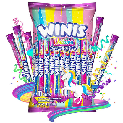 Winis Unicorn Cotton Candy Chewy Taffy Swirls – Non-Melting Candy for Picnics, Pool Parties, and Summer Road Trips | 4.3 Oz Sharing Bag, 11 Individually Wrapped Sticks