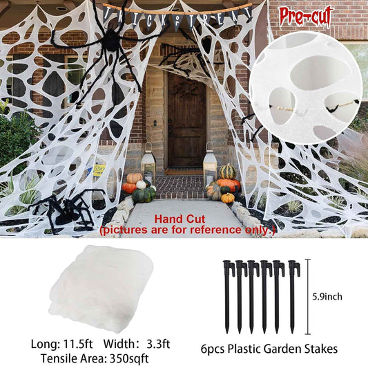 Heavy Duty Spider Web Halloween Decoration – Weatherproof Yard and Porch Spiderwebs with Ground Stakes