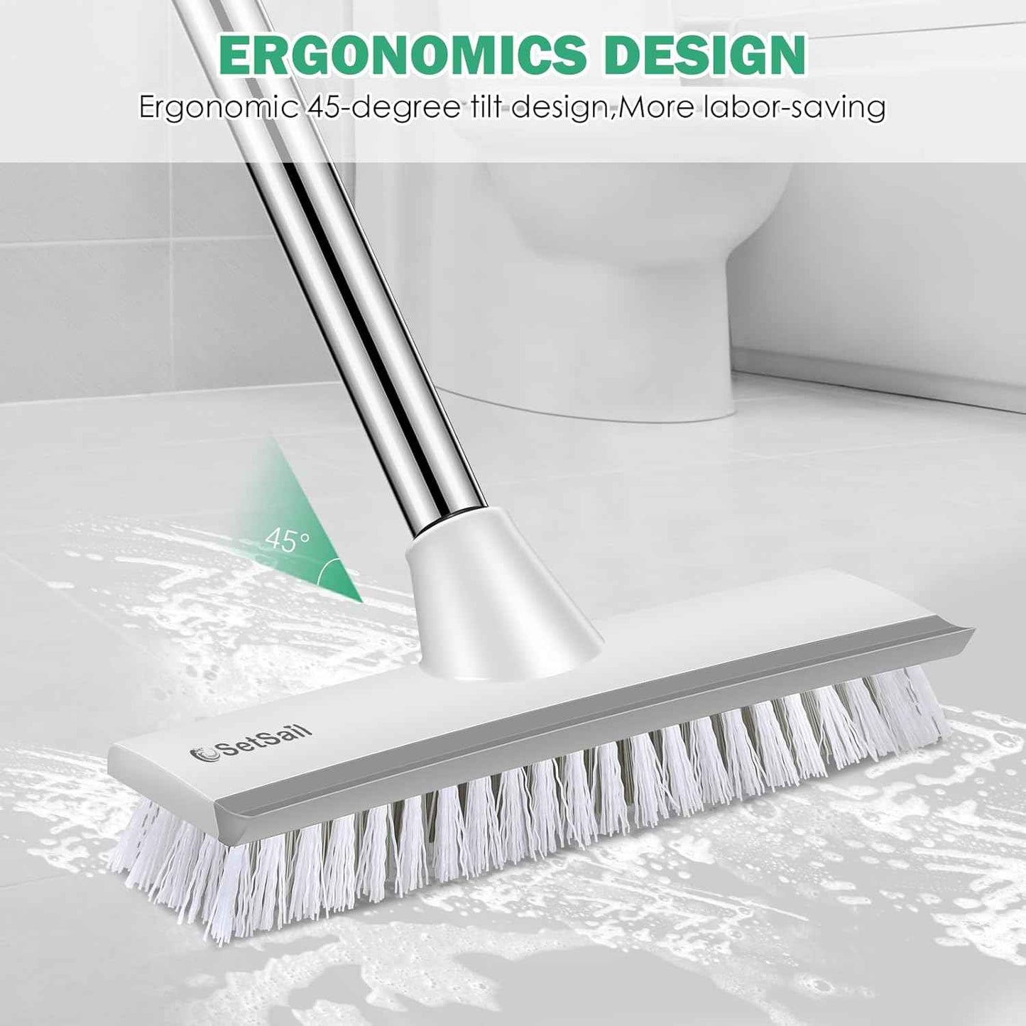 SetSail 51 Inch Floor Scrub Brush with Squeegee – No-Bend Extendable Handle to Reduce Back and Knee Strain During Long Cleaning Tasks