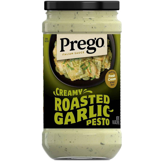 Prego Creamy Roasted Garlic Pesto – Nut-Free Family Pasta Sauce for Kid-Friendly Dinners, 14.5 oz Jar