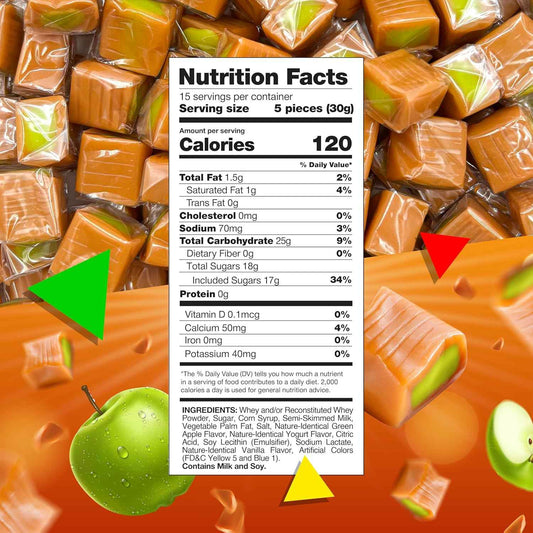 LAETAFOOD Green Apple Caramel Cubes – Housewarming Gift Basket Filler, 75 Individually Wrapped Pieces, 1 lb Bulk Bag