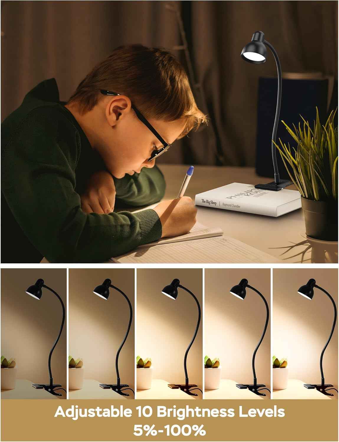 Glocusent Kids Reading Light - Safe LED Night Light for Loft Bed, No Heat Bulb Eye Care Clamp Lamp for Children