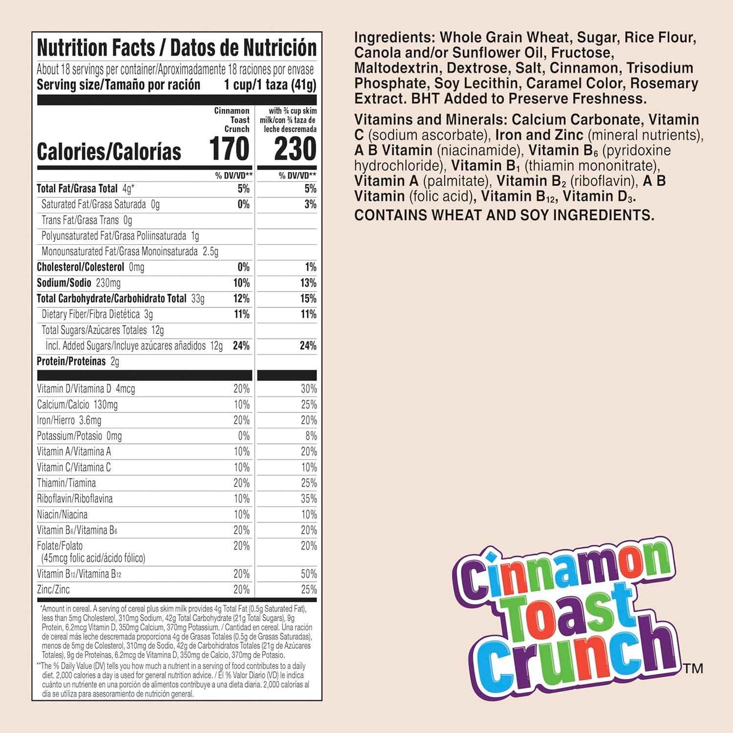 Cinnamon Toast Crunch Fortified Cereal with 12 Vitamins and Calcium, 27 oz for Everyday Pantry Nutrition