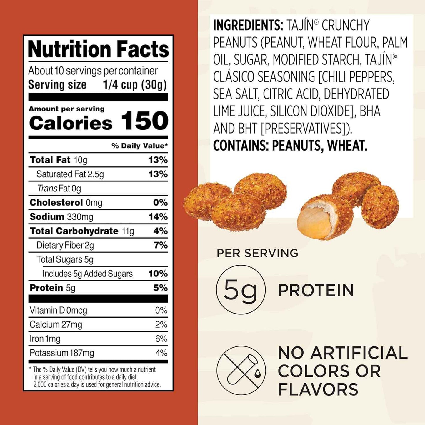 Snak Club Tajin Crunchy Peanuts – Road Trip Snack with Chili Lime Flavor and Resealable 10.5 oz Travel Pouch