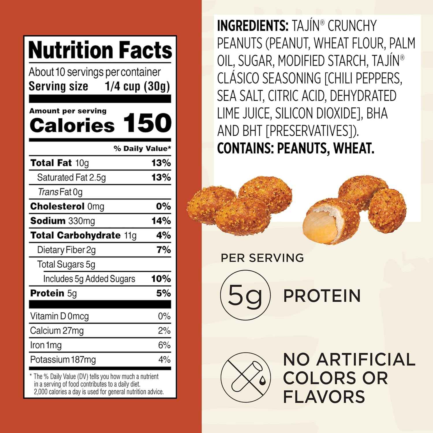 Snak Club Tajin Crunchy Peanuts – Road Trip Snack with Chili Lime Flavor and Resealable 10.5 oz Travel Pouch