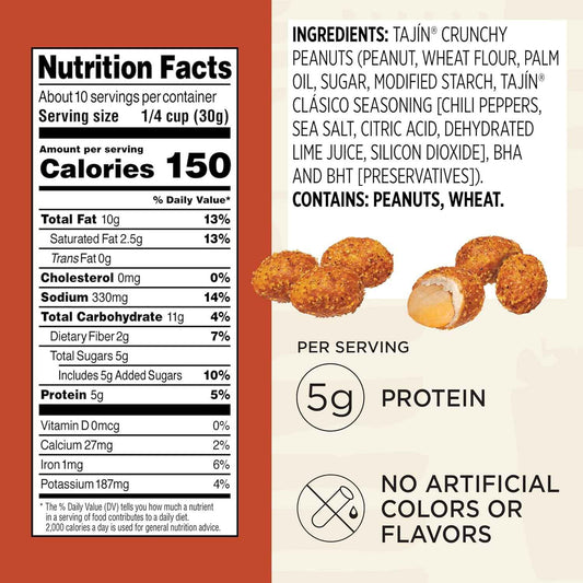 Snak Club Tajin Crunchy Peanuts – Road Trip Snack with Chili Lime Flavor and Resealable 10.5 oz Travel Pouch