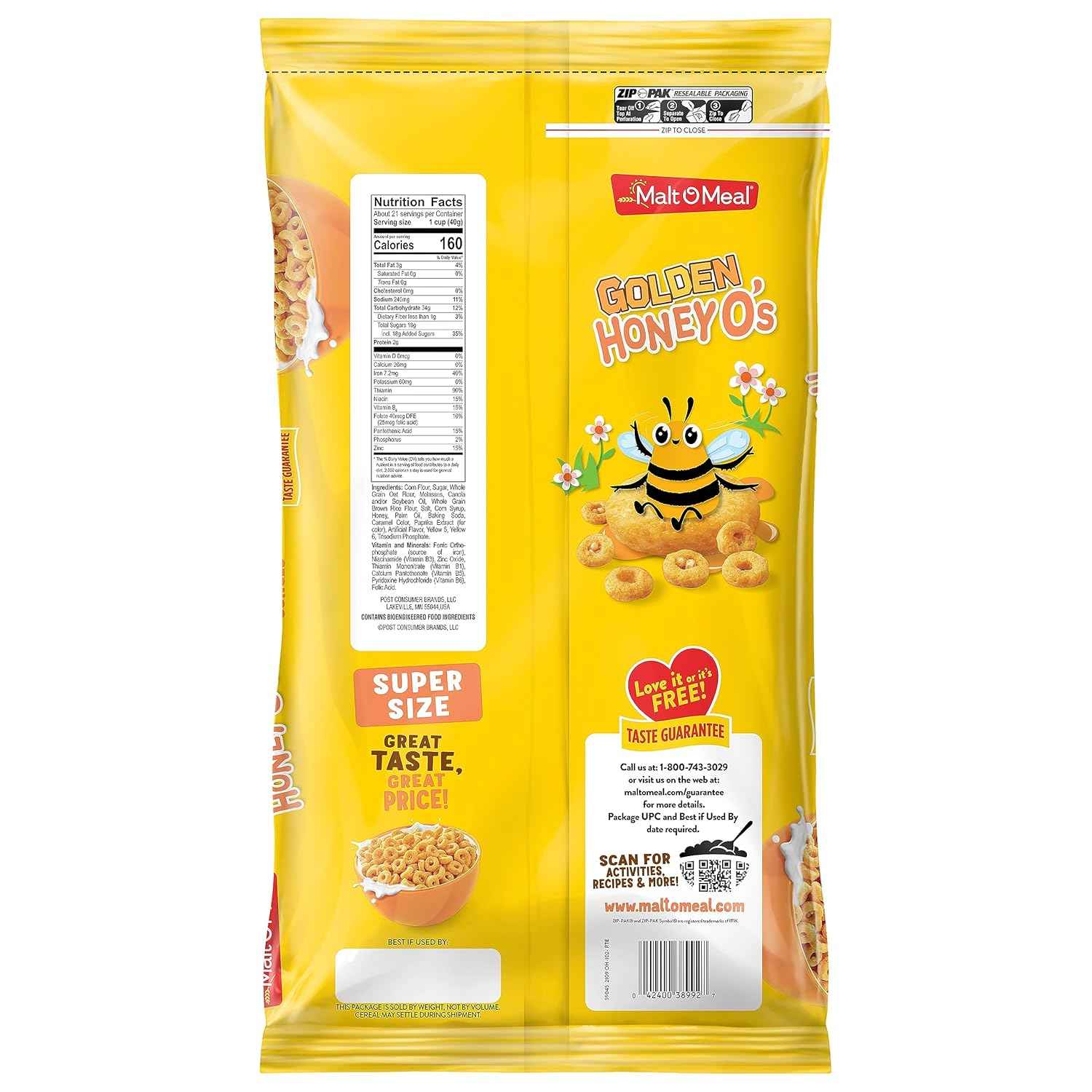 Malt-O-Meal Golden Honey O's Cereal – Quick Morning Breakfast for Busy Professionals, 30 oz Family-Size Resealable Bag