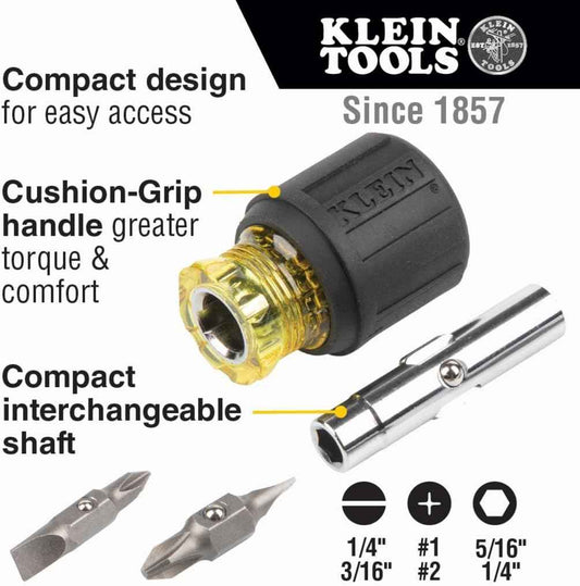 Klein Tools 32561 6-in-1 Stubby Screwdriver – One-Tool Solution for Faster Electrical Service Calls