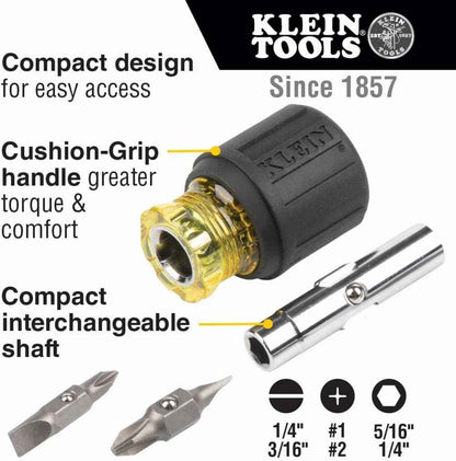 Klein Tools 32561 6-in-1 Stubby Screwdriver – One-Tool Solution for Faster Electrical Service Calls