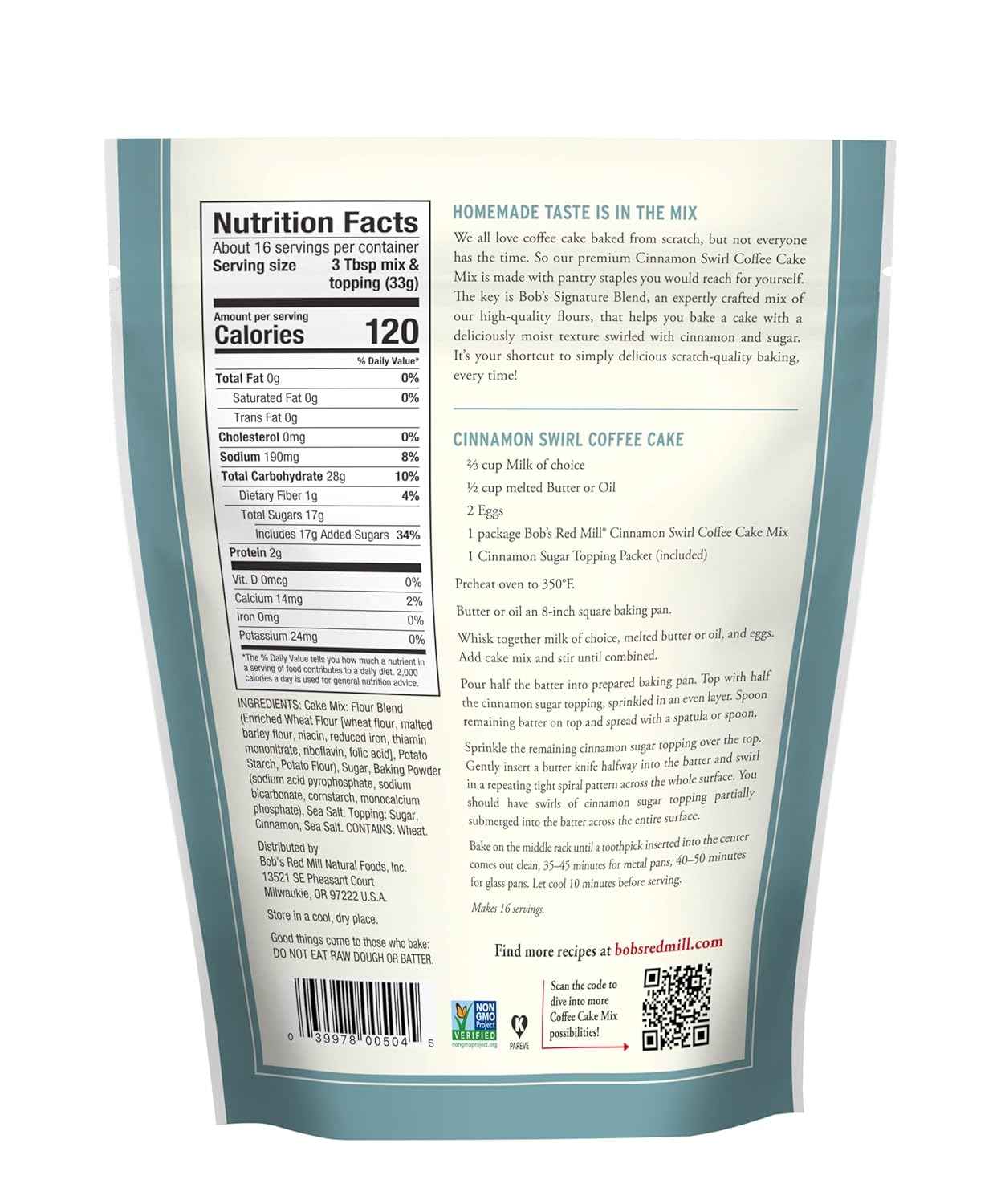 Bob's Red Mill Cinnamon Swirl Coffee Cake Mix – Clean Ingredient Pantry Essential with Three Simple Add-Ins