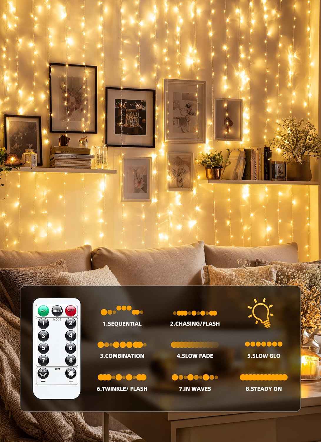 Brightown 300 LED Fairy Curtain Lights, Flameless and Cool to the Touch 5V USB Low Voltage String Lights with 6h Auto Off Timer for Bedroom