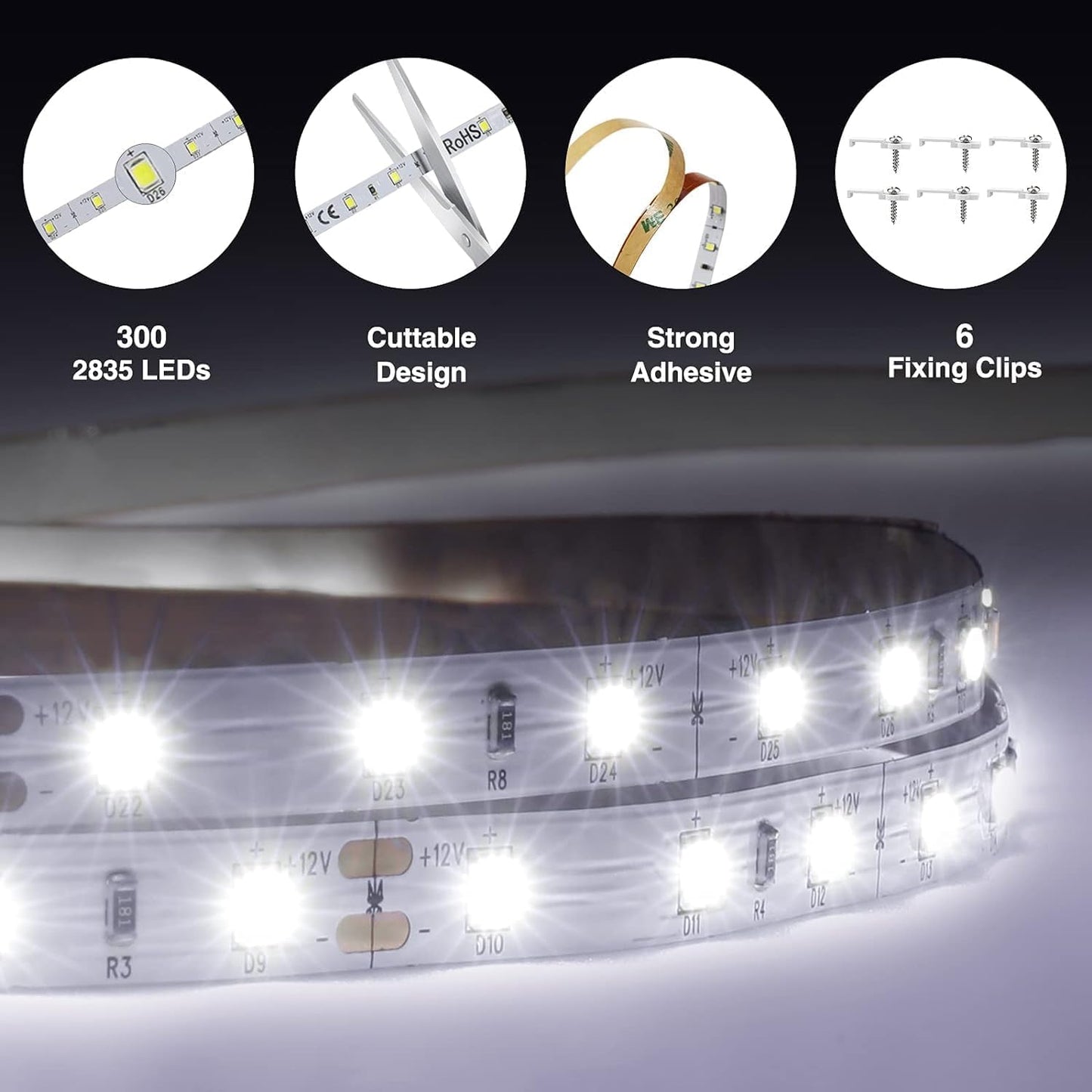 cuttable every few leds along copper contact marks