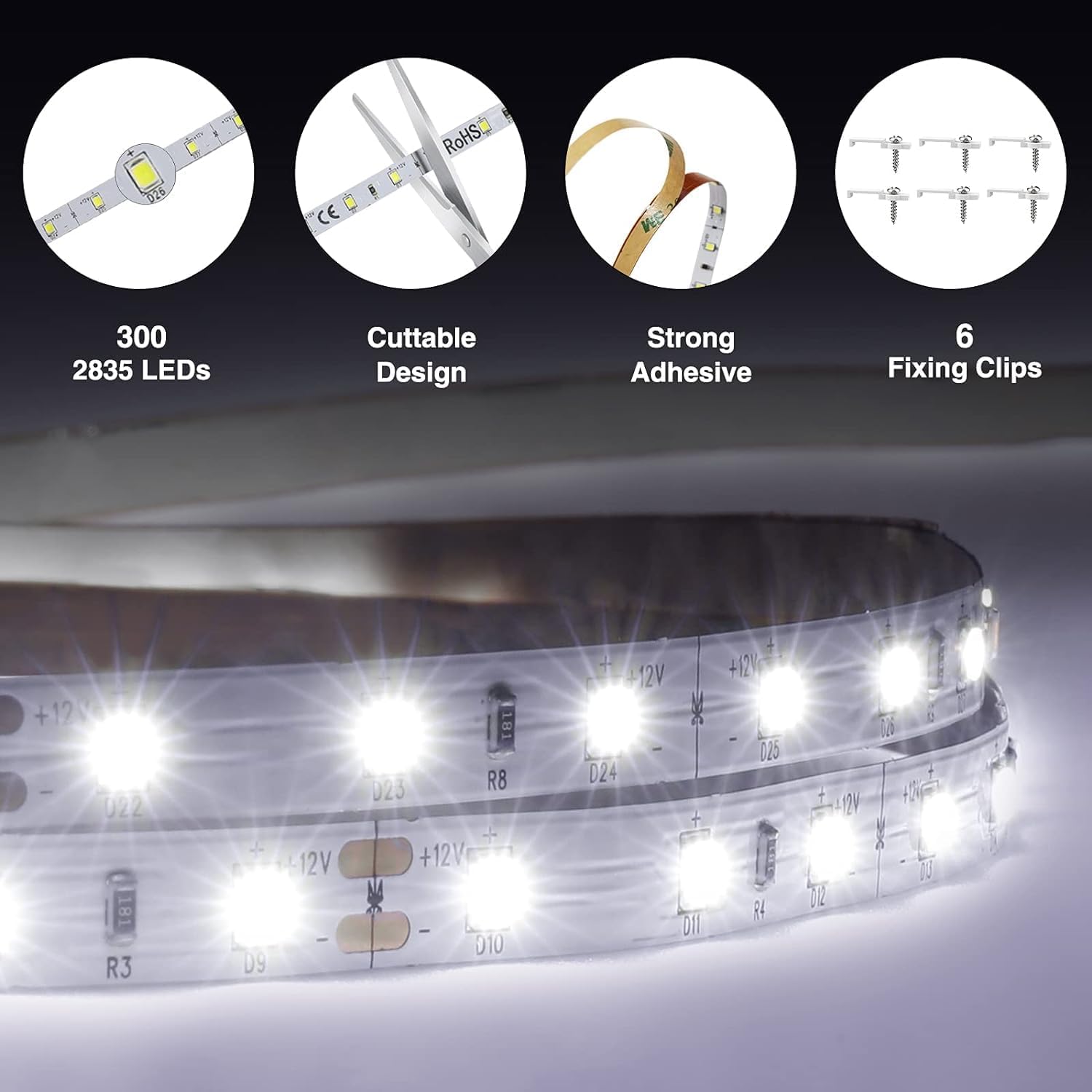 cuttable every few leds along copper contact marks