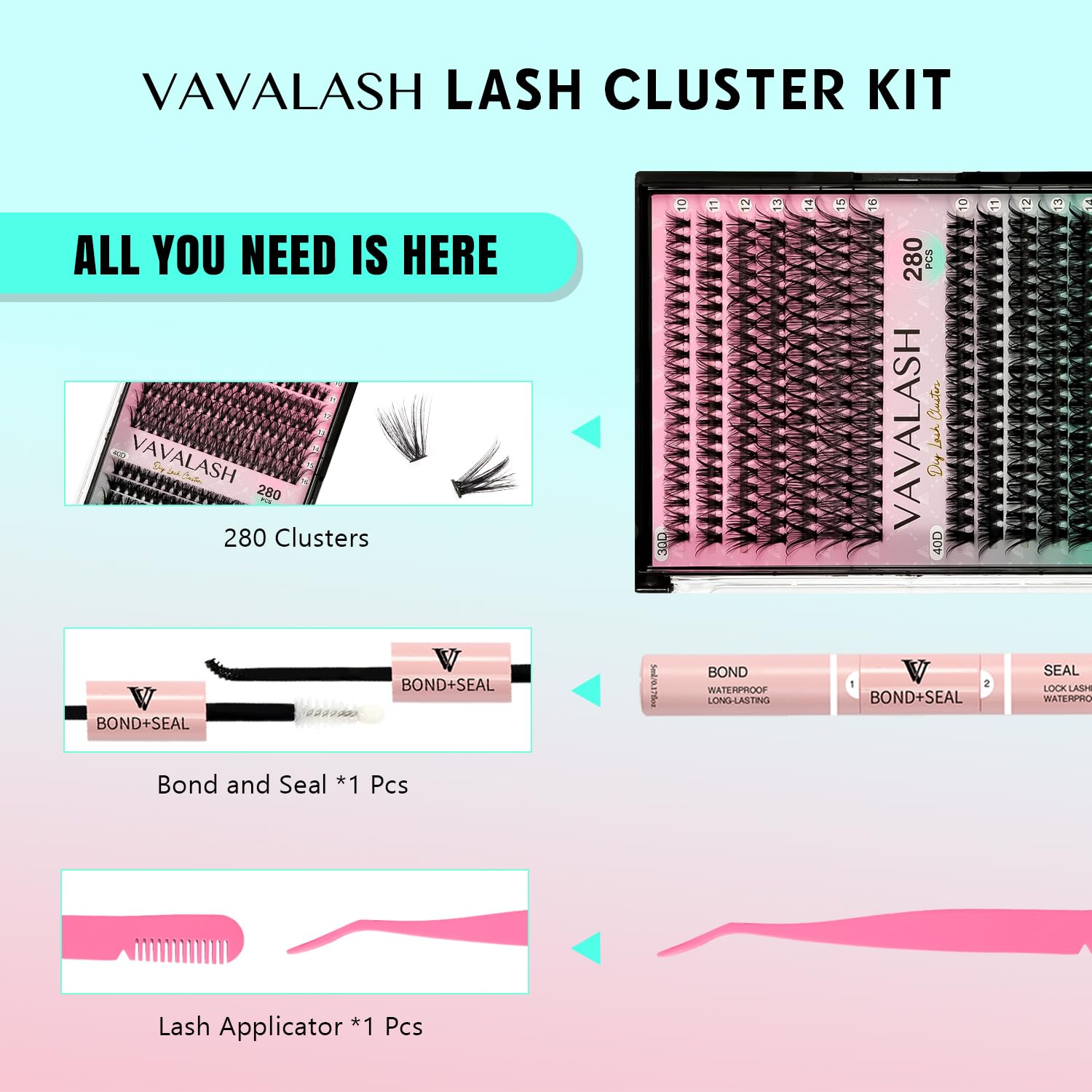 VAVALASH_DIY_Lash_Extensions_Kit_Individual_Cluster_Lashes_Kit_with_280_Lash_Clusters_30D+40D-0.07-D-10-16Mix,_Lash_Bond_and_Seal,_Lash_Applicator_for_DIY_Eyelash_Extensions_at_Home_Makeup_Eyelashes_Extensions_Cosmetic_Salon
