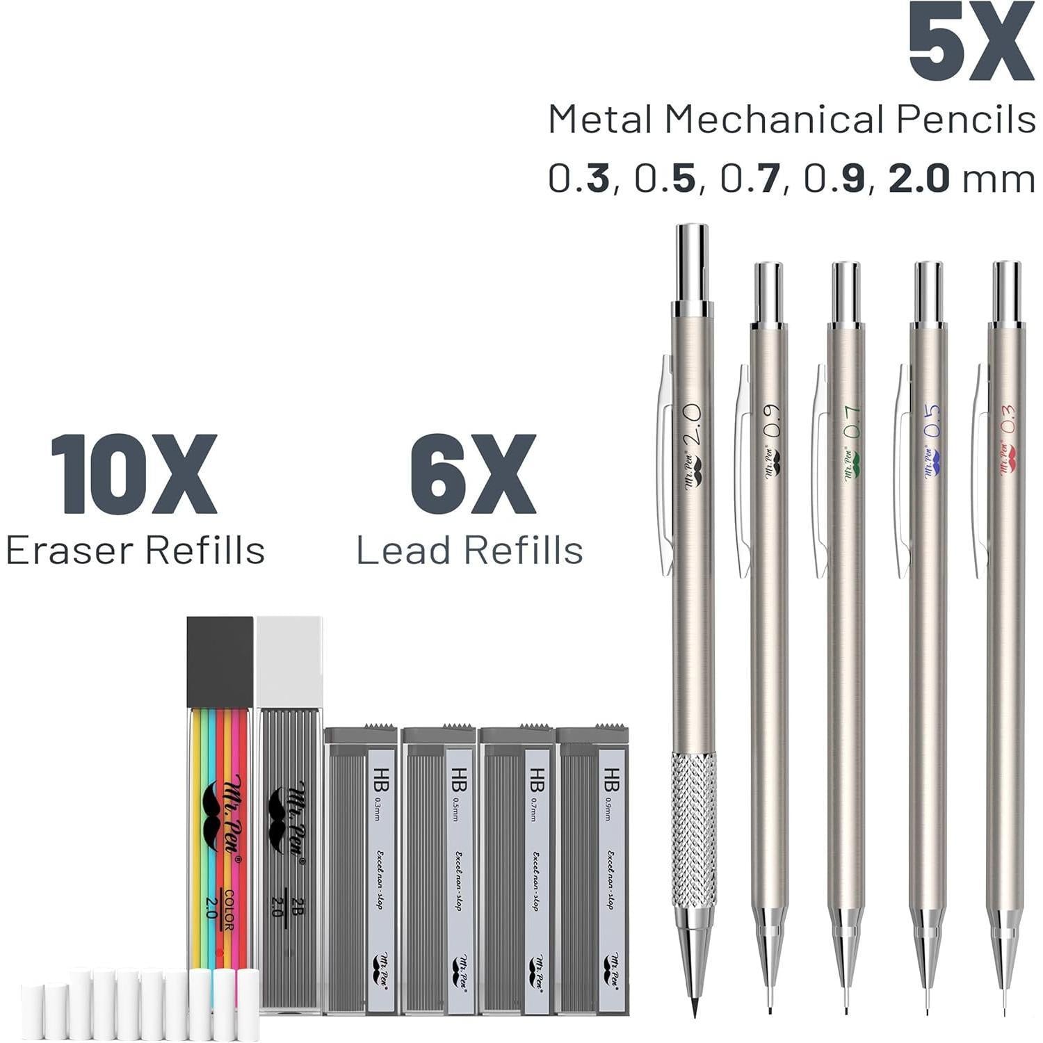Metal_Mechanical_Pencil_Set_with_Lead_and_Eraser_Refills,_5_Sizes,_0.3,_0.5,_0.7,_0.9,_2mm,_Drafting,_Sketching,_Architecture,_Drawing_Metal_Mechanical_Pencils