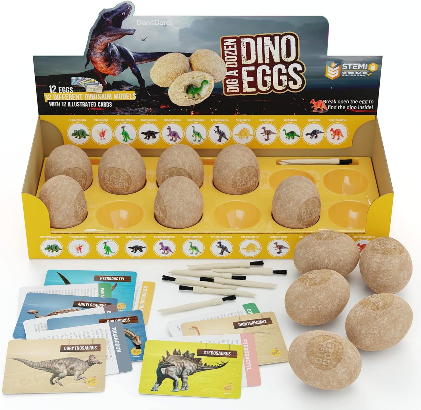 Dan&Darci Dig a Dozen Dino Egg Kit – Safe Screen-Free STEM Toy for Kids Ages 3-12 in Playroom and Bedroom