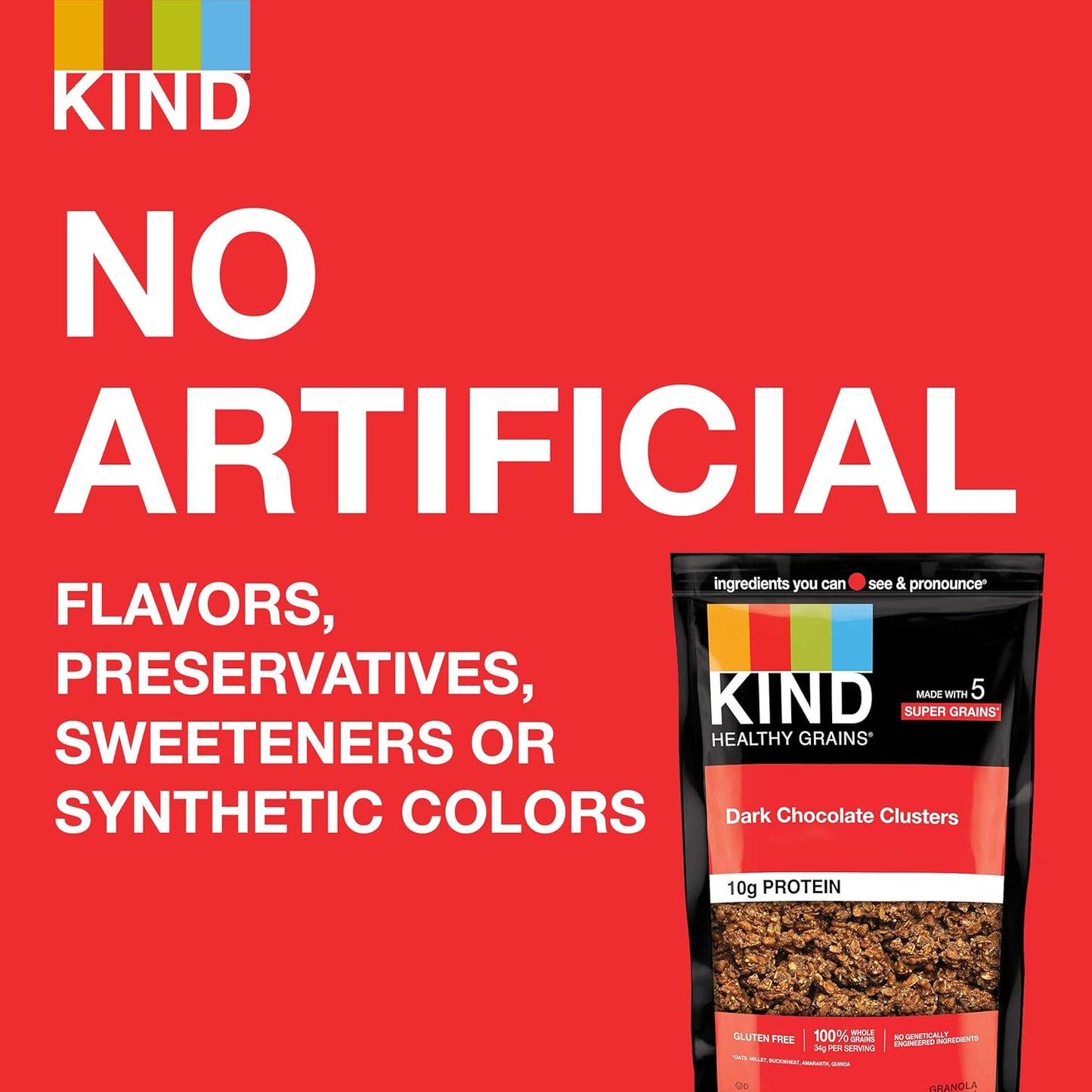 dark chocolate and cocoa flavor clusters in a resealable 11oz bag