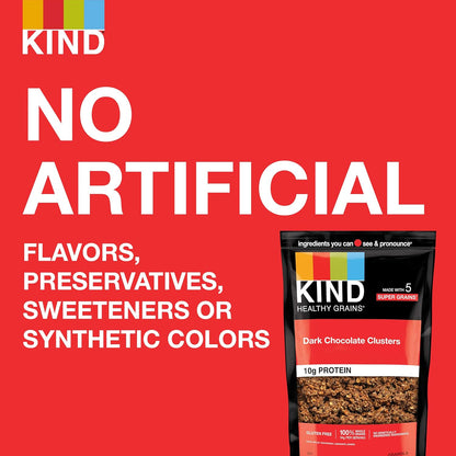 dark chocolate and cocoa flavor clusters in a resealable 11oz bag