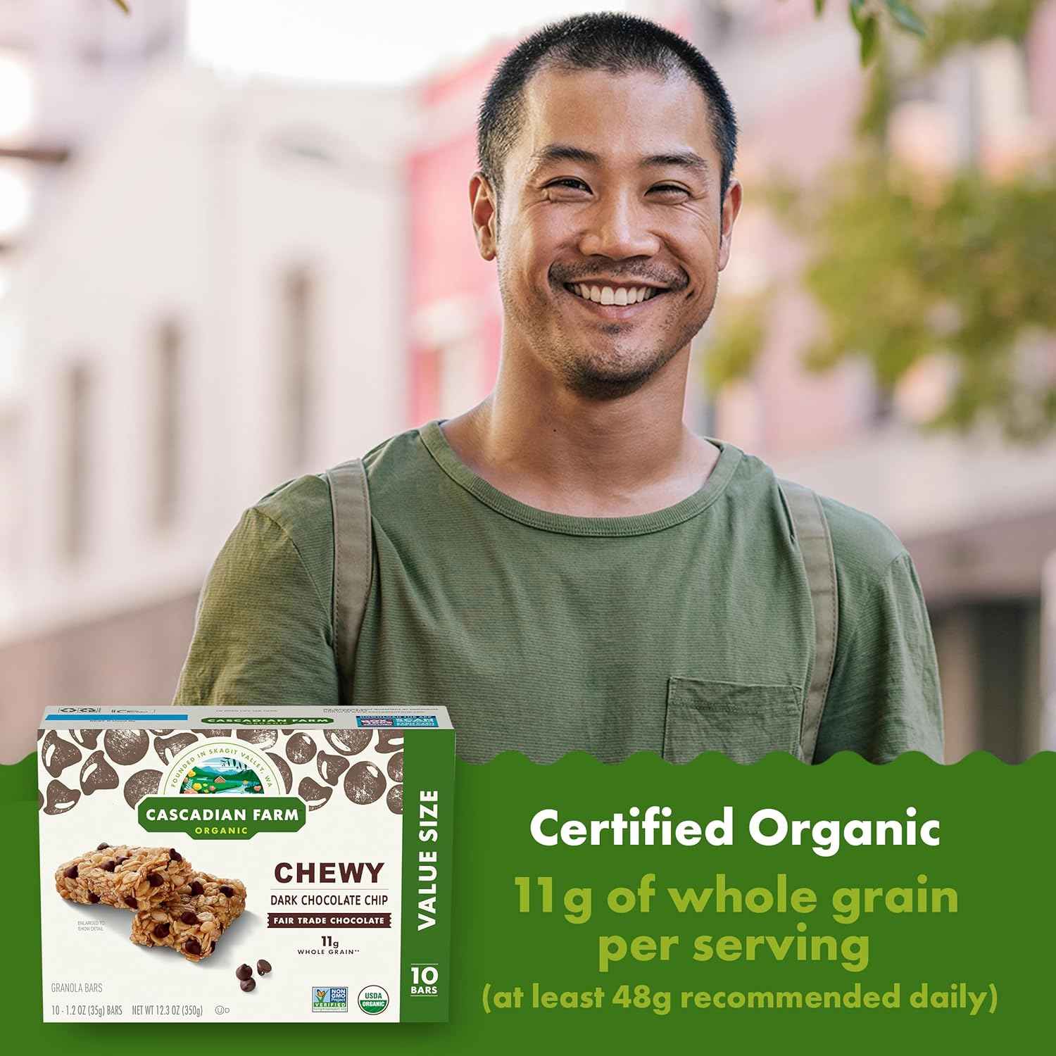 Cascadian Farm Organic Dark Chocolate Chip Granola Bars – Healthy After-School Snack for Kids Lunch Boxes, 12.3 oz Box