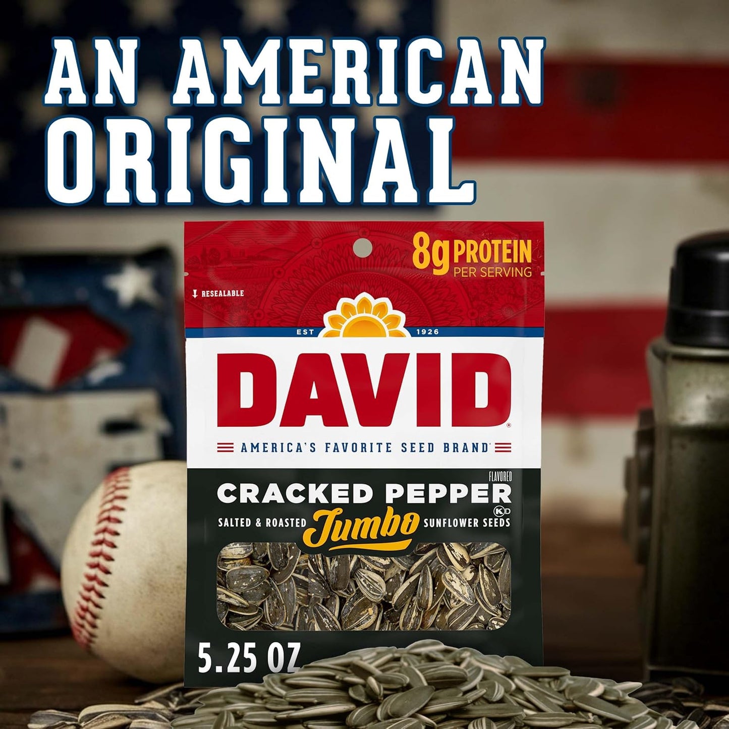 DAVID Jumbo Sunflower Seeds Cracked Pepper – Office Desk Snack to Curb Afternoon Hunger and Stay Focused, 5.25 oz Bag