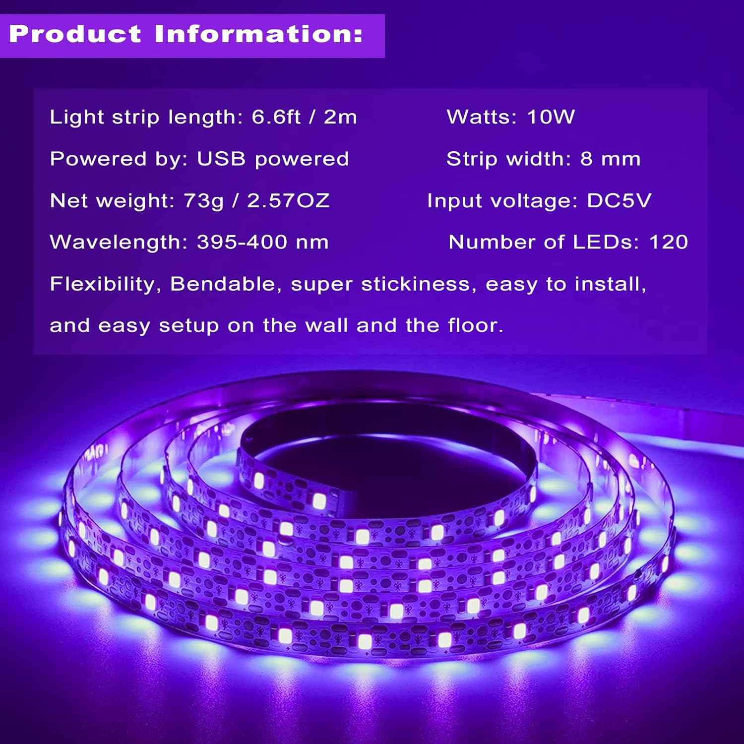 6.6ft Black Light LED Strip Kit – Birthday Gift for Teens, USB UV Light for Bedroom Glow