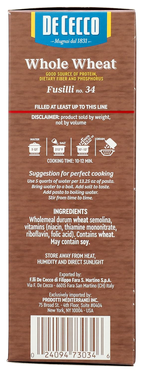 De Cecco Whole Wheat Fusilli – Single-Ingredient Italian Pasta for Intentional Pantry Staples