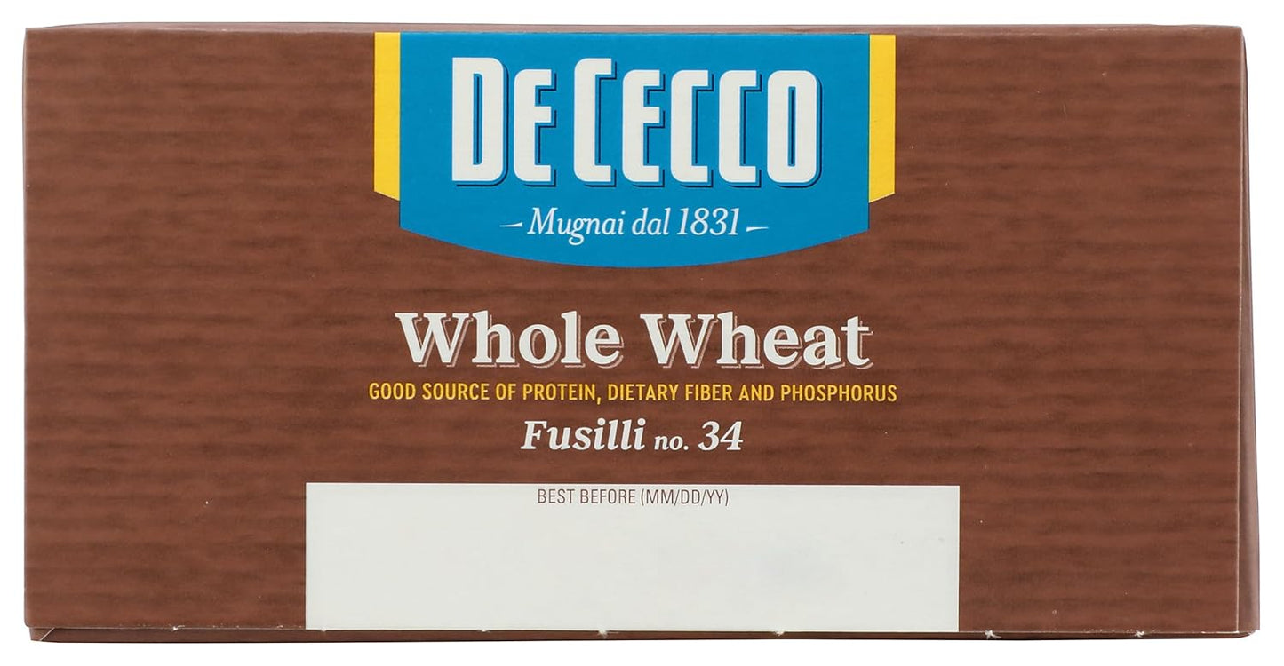 De Cecco Whole Wheat Fusilli – Single-Ingredient Italian Pasta for Intentional Pantry Staples