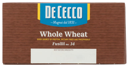 De Cecco Whole Wheat Fusilli – Single-Ingredient Italian Pasta for Intentional Pantry Staples