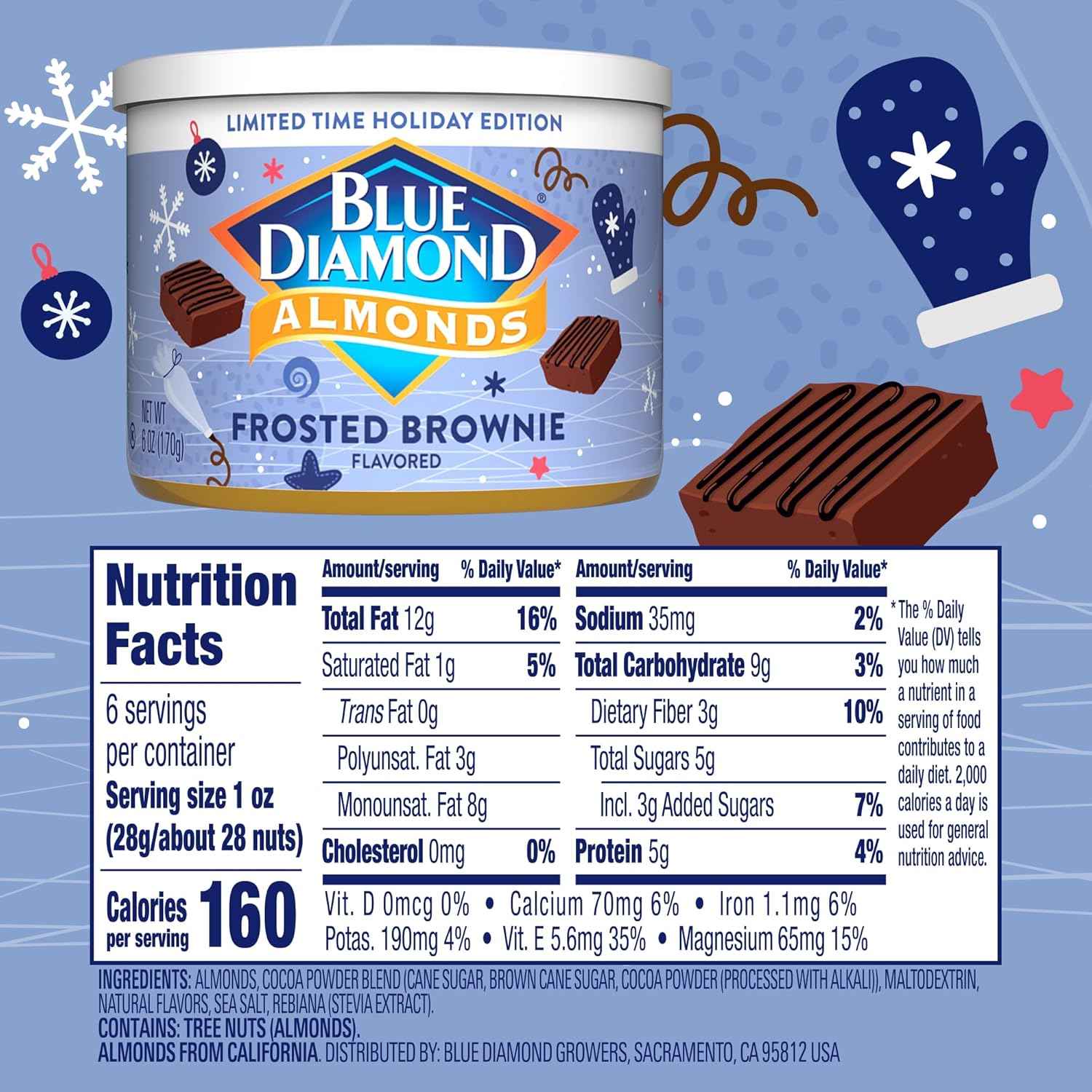 Blue Diamond Almonds Peppermint Cocoa Holiday Snack Nuts, 6 oz Resealable Can – Travel Snack for Road Trips, Commutes, and Holiday Roadside Stops