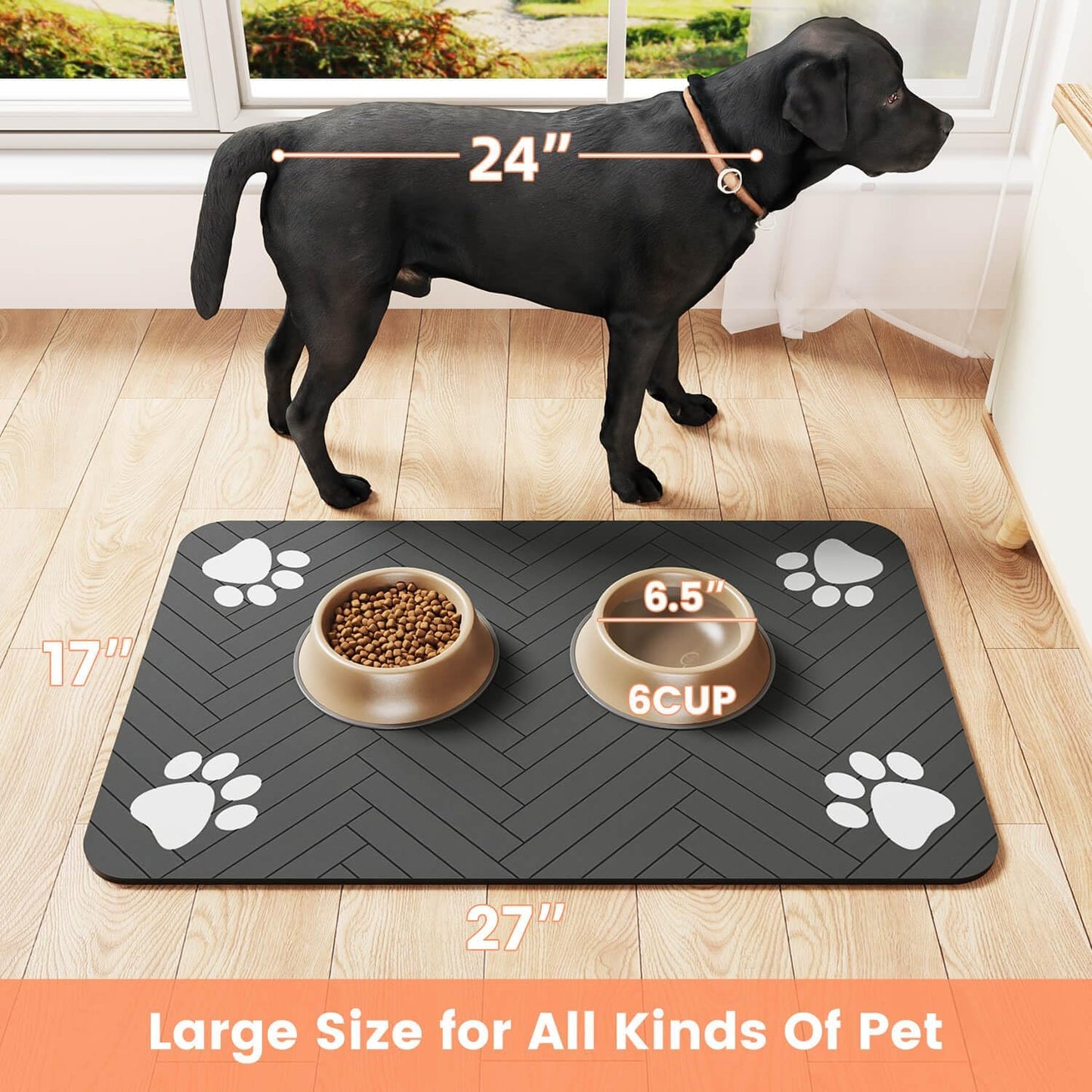 Decorative Pet Feeding Mat for Modern Living Room, Striped Dark Gray Placemat for Food and Water Bowls