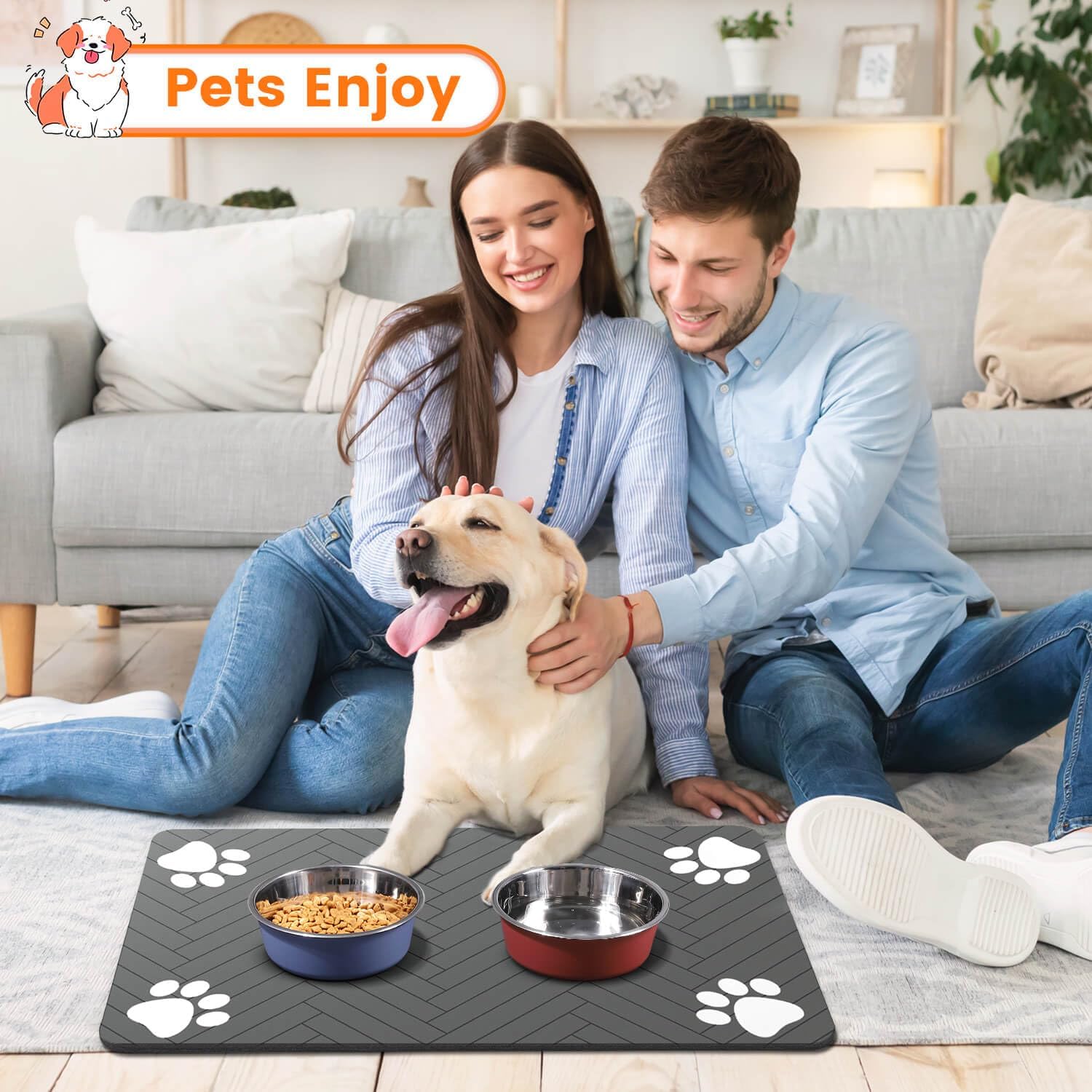 Decorative Pet Feeding Mat for Modern Living Room, Striped Dark Gray Placemat for Food and Water Bowls