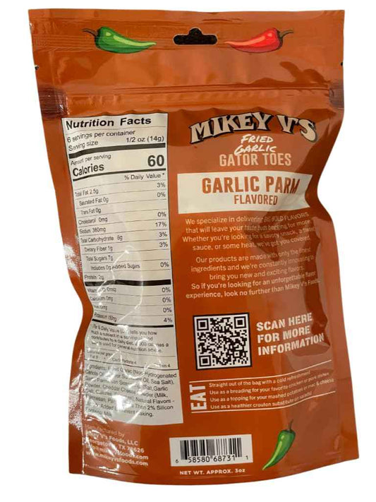 Mikey V's Gator Toes Garlic Parmesan Snacks – Portable Camping and Road Trip Snack, 3.9oz Resealable Bag