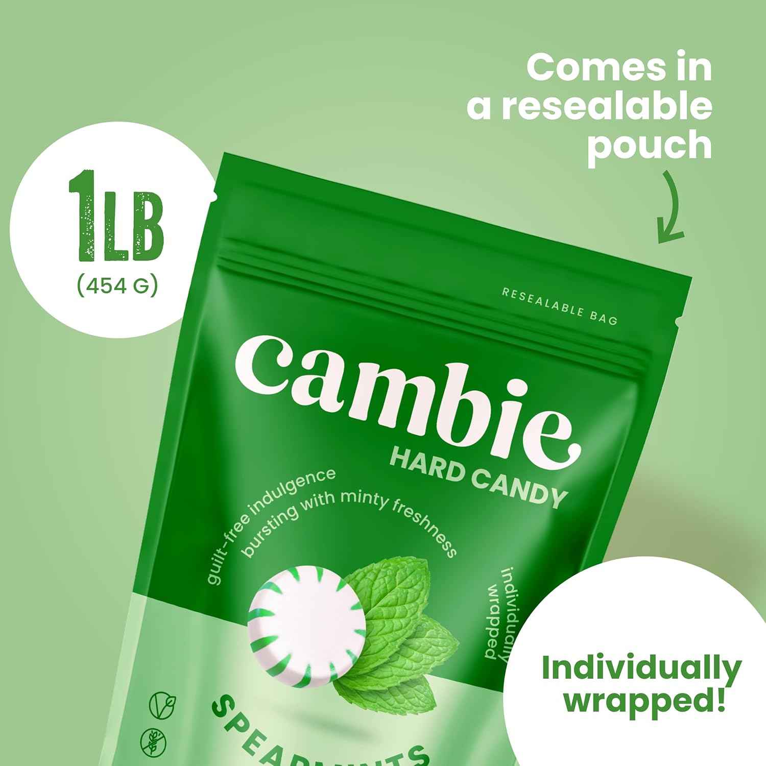 Cambie Sugar Free Hard Candy Spearmint – Low-Calorie Breakroom Snack for Busy Professionals, Individually Wrapped