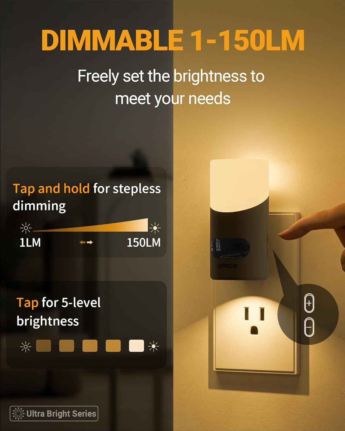 Lyridz LED Motion Night Light – Flameless Plug-in Safety Lighting for Hallways, Stairs and Bathrooms, Dimmable 2 Pack