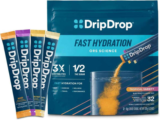 DripDrop Hydration Powder – Tropical Variety Pack Electrolyte Sticks for Daily Wellness and Self-Care Routines