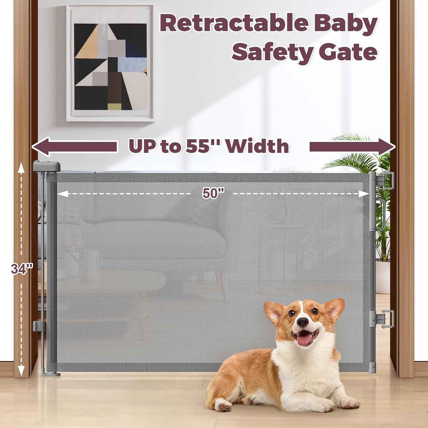 Retractable Baby Gate for Stairs – One-Hand Double-Lock Mesh Gate for Toddlers, 34" Tall Childproofing Barrier