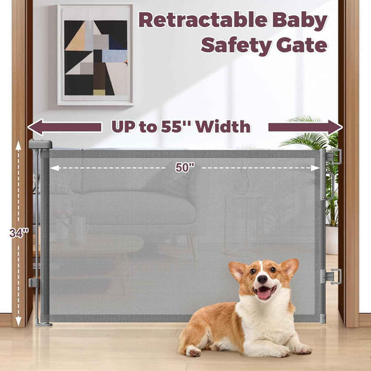 Retractable Baby Gate for Stairs – One-Hand Double-Lock Mesh Gate for Toddlers, 34" Tall Childproofing Barrier