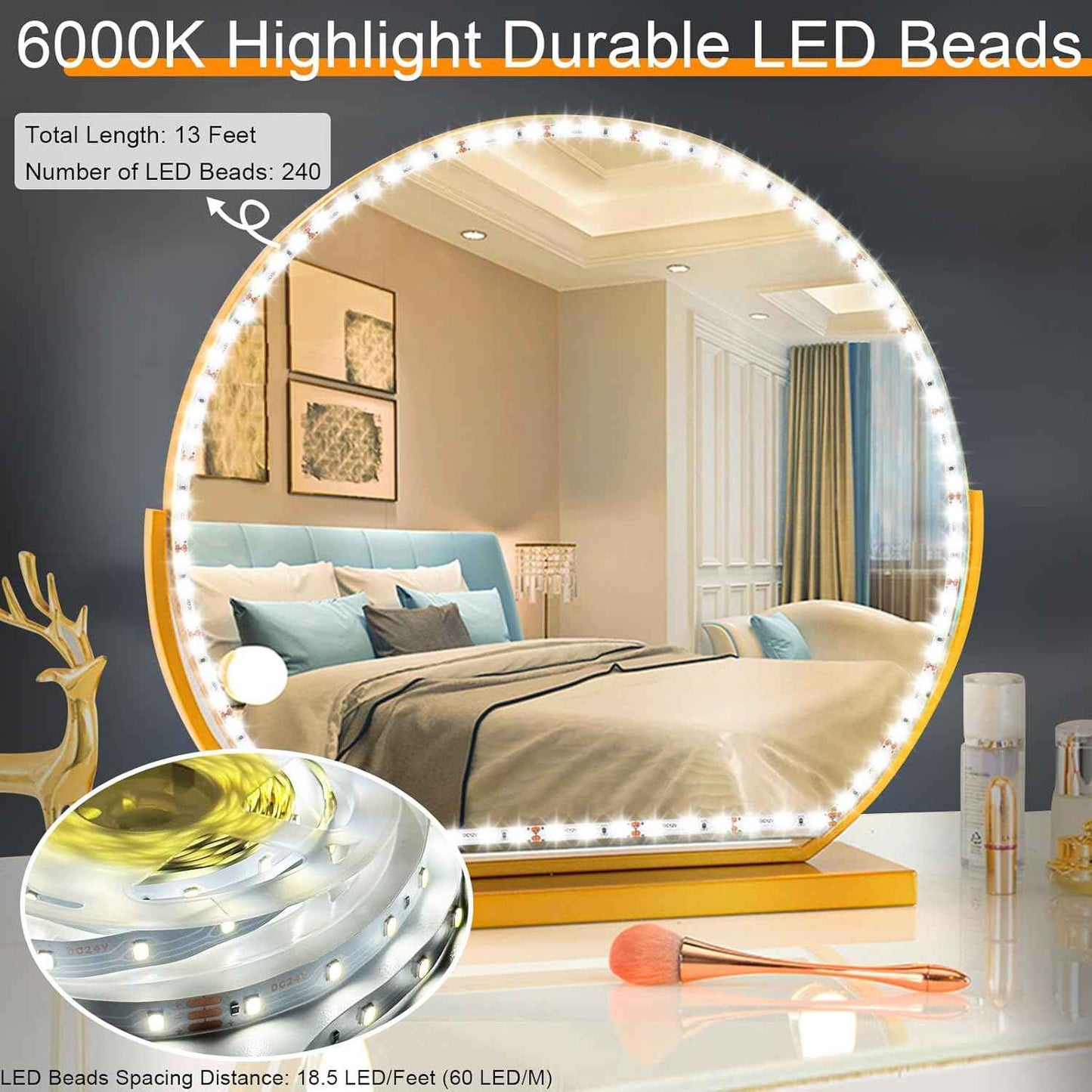 LED Vanity Mirror Lights for Makeup Dressing Table 13ft Flexible LED Light Strip Kit 6000K Daylight White Dimmer Power Supply, Bedroom Aesthetic Lighting Upgrade, DIY Mirror