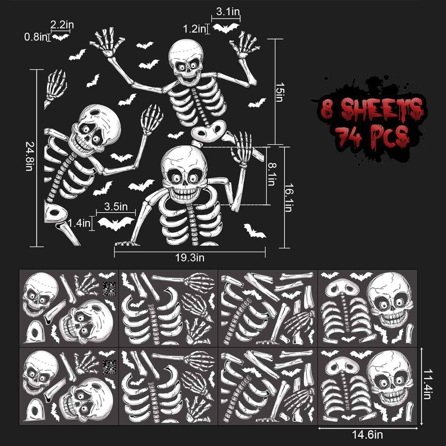 Giant Halloween Window Clings for Home Decor – 74-Piece Skeleton & Bat Set, Double-Sided Haunted House Display