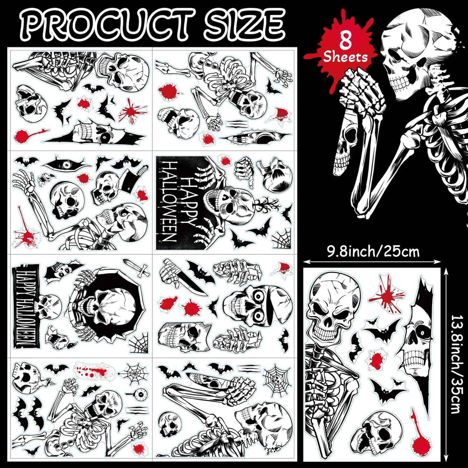 Halloween Window Decals - Mixed Skulls, Skeletons, and Blood Drops for Home Glass Doors and Stairwell Panels, Reusable Static Cling